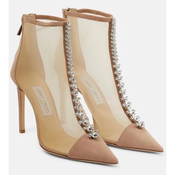 Jimmy Choo Tan Glitter Bing Crystal Embellished Mesh Bootie Shoe Sz 36.5 NEW - Picture 1 of 14